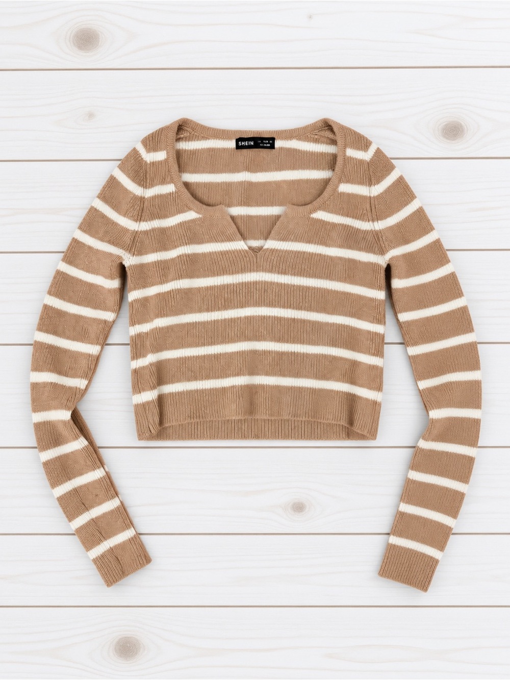 SHEIN Tan and Cream Striped V‑Neck Cropped Sweater